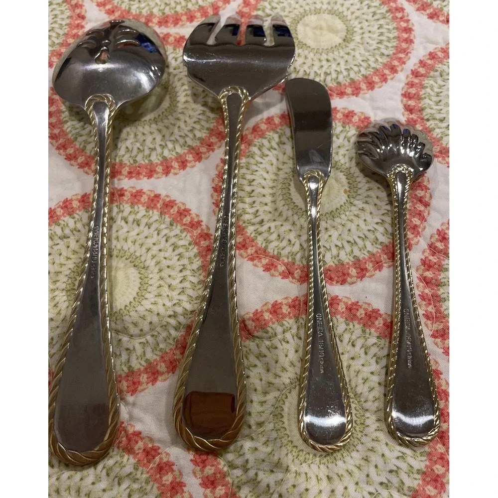 Oneida Golden Belmont Stainless Rope Edge Gold Serving Piece Fork Spoon Set Of 4
